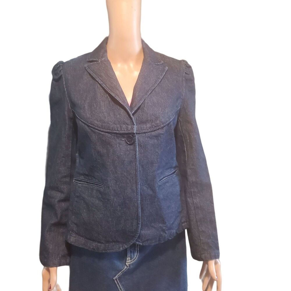 Old Navy Denim Pinstripe Blazer Women M Y2K Puff Shoulder Office Siren Academia